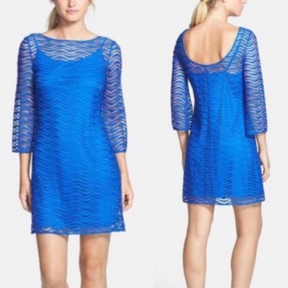 Lilly Pulitzer Topanga Sapphire Blue Wavy Knit Lace Dress Sz Medium 3/4 Sleeve - Picture 2 of 8